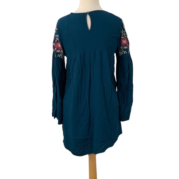 Umgee USA Women's Long Bell Sleeve V-Neck Tunic Top Teal Embroidered Floral Sz S - Picture 5 of 8